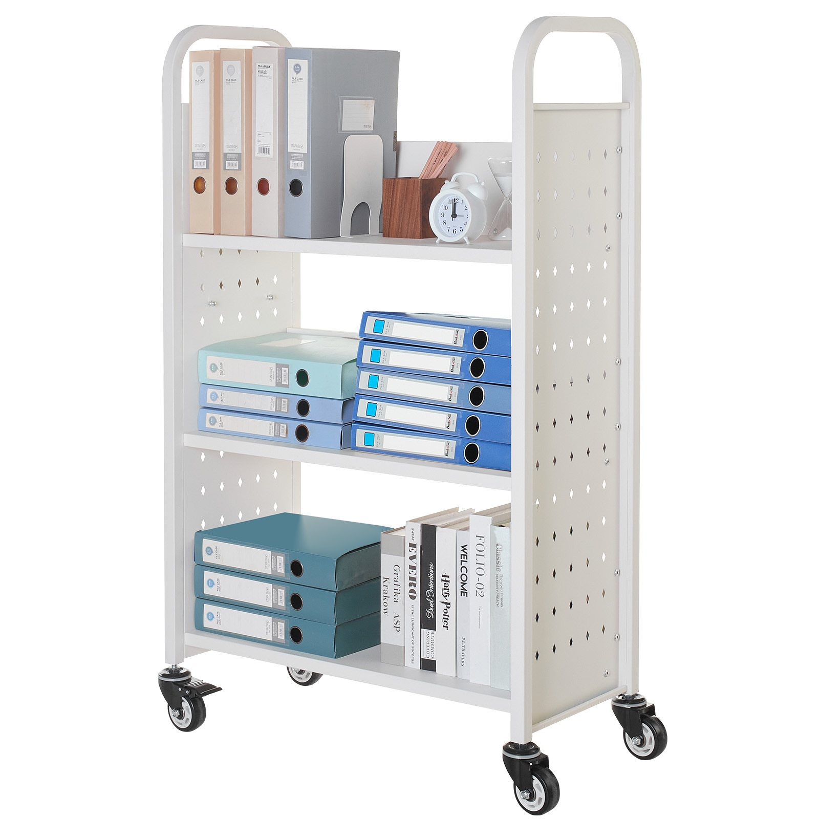 3-tier Rolling Book Cart With Single Sided L-shaped Shelving Unit_voghion.com